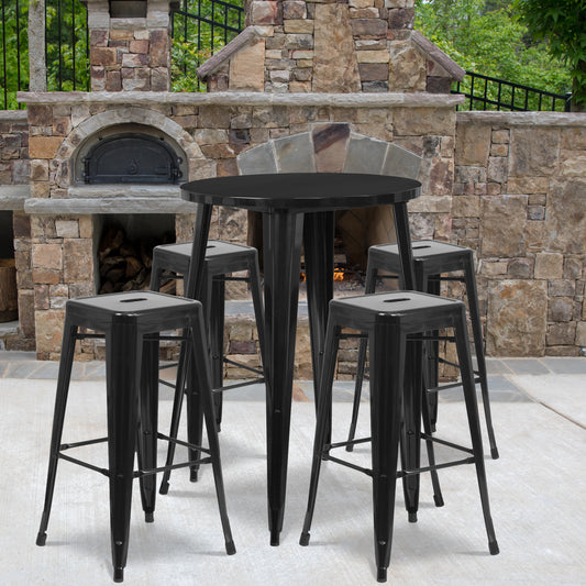 Coby Commercial Grade 30" Round Black Metal Indoor-Outdoor Bar Table Set with 4 Square Seat Backless Stools Black CH-51090BH-4-30SQST-BK-GG