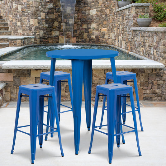 Coby Commercial Grade 30" Round Blue Metal Indoor-Outdoor Bar Table Set with 4 Square Seat Backless Stools Blue CH-51090BH-4-30SQST-BL-GG