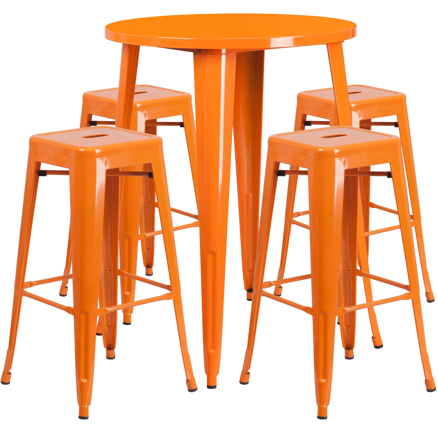 Coby Commercial Grade 30" Round Orange Metal Indoor-Outdoor Bar Table Set with 4 Square Seat Backless Stools Orange CH-51090BH-4-30SQST-OR-GG