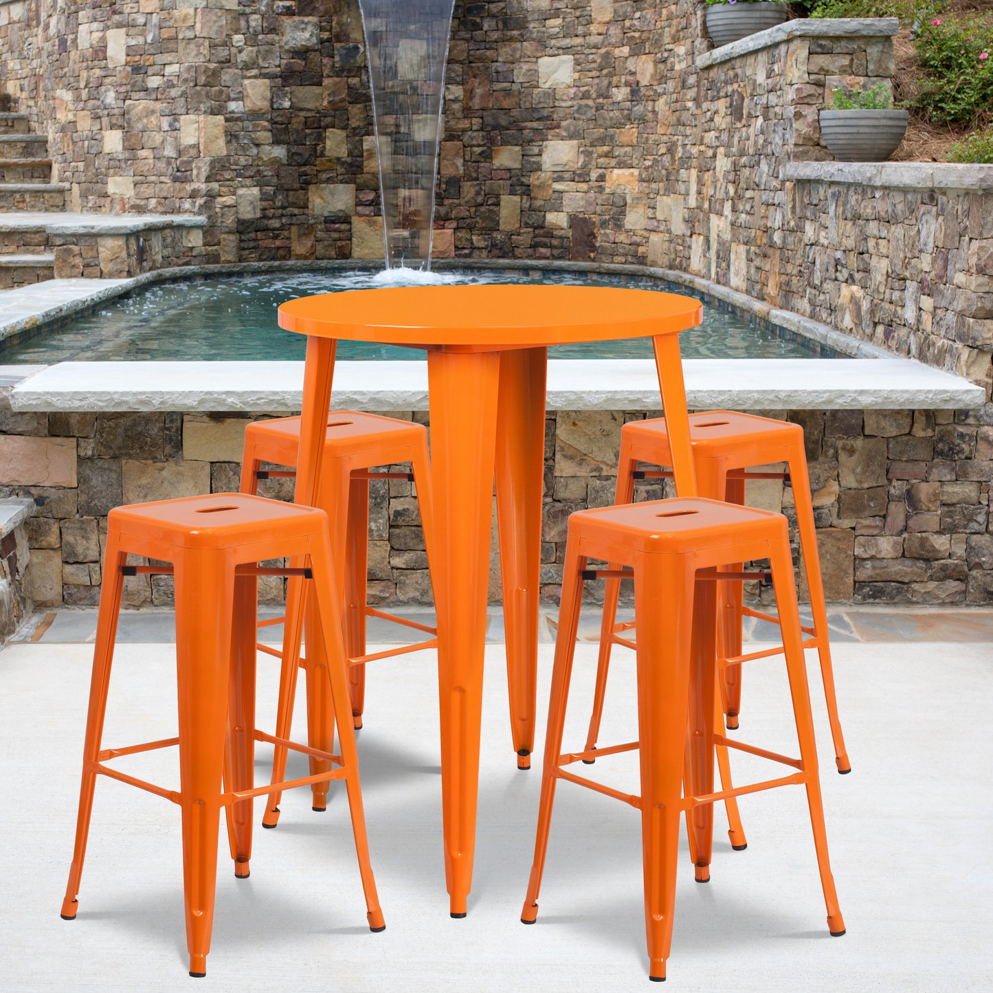 Coby Commercial Grade 30" Round Orange Metal Indoor-Outdoor Bar Table Set with 4 Square Seat Backless Stools Orange CH-51090BH-4-30SQST-OR-GG