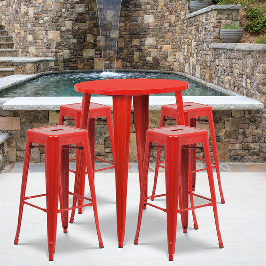 Coby Commercial Grade 30" Round Red Metal Indoor-Outdoor Bar Table Set with 4 Square Seat Backless Stools Red CH-51090BH-4-30SQST-RED-GG