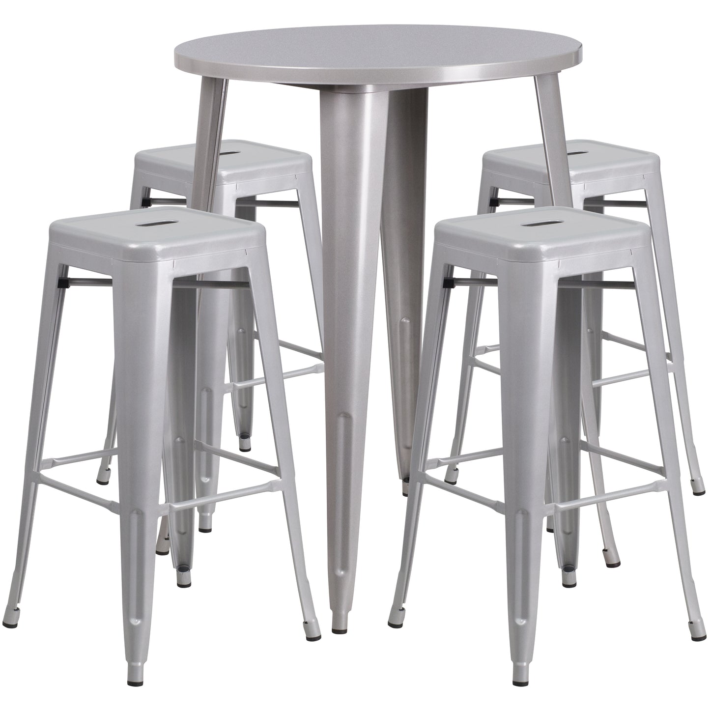 Coby Commercial Grade 30" Round Silver Metal Indoor-Outdoor Bar Table Set with 4 Square Seat Backless Stools Silver