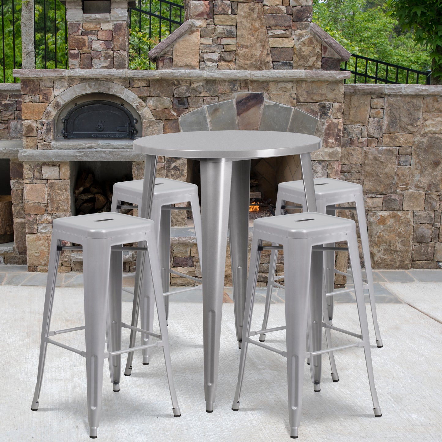 Coby Commercial Grade 30" Round Silver Metal Indoor-Outdoor Bar Table Set with 4 Square Seat Backless Stools Silver