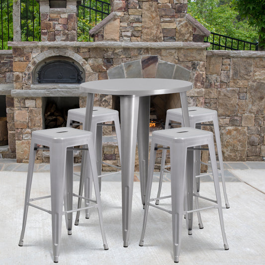 Coby Commercial Grade 30" Round Silver Metal Indoor-Outdoor Bar Table Set with 4 Square Seat Backless Stools Silver CH-51090BH-4-30SQST-SIL-GG