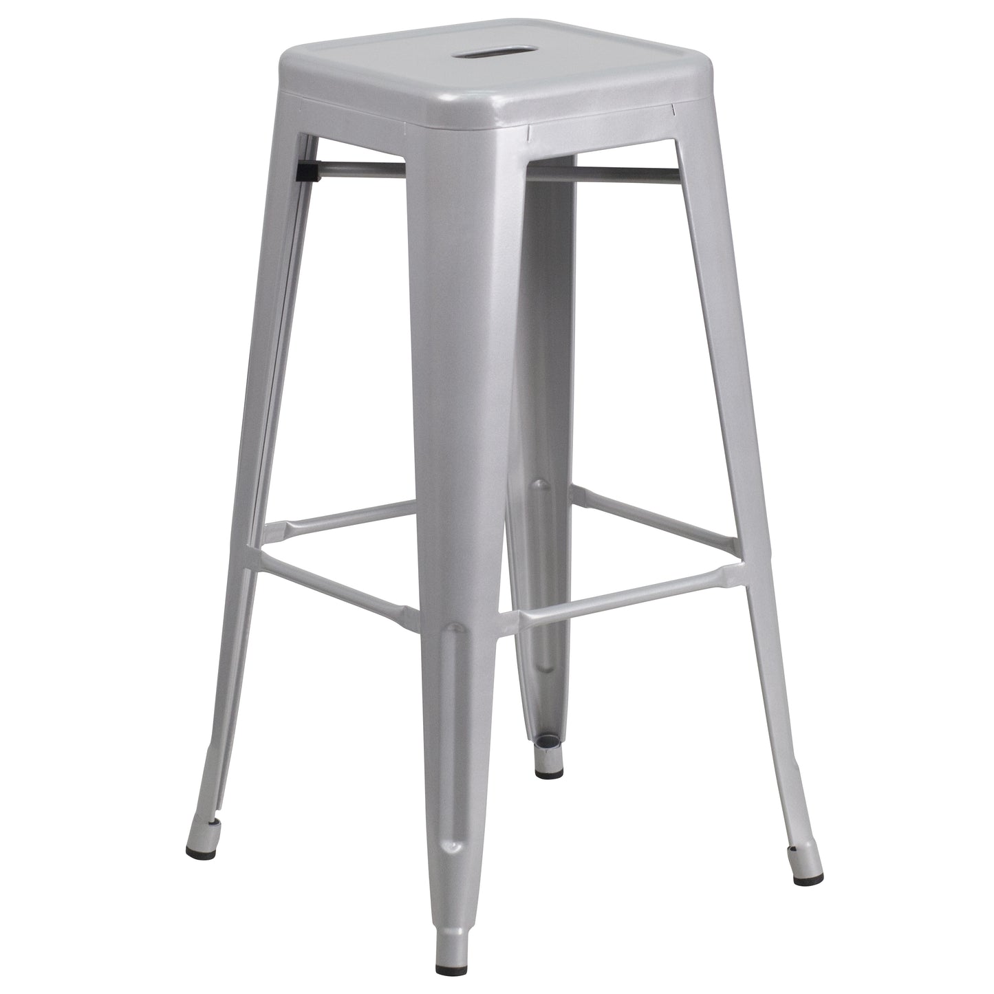 Coby Commercial Grade 30" Round Silver Metal Indoor-Outdoor Bar Table Set with 4 Square Seat Backless Stools Silver