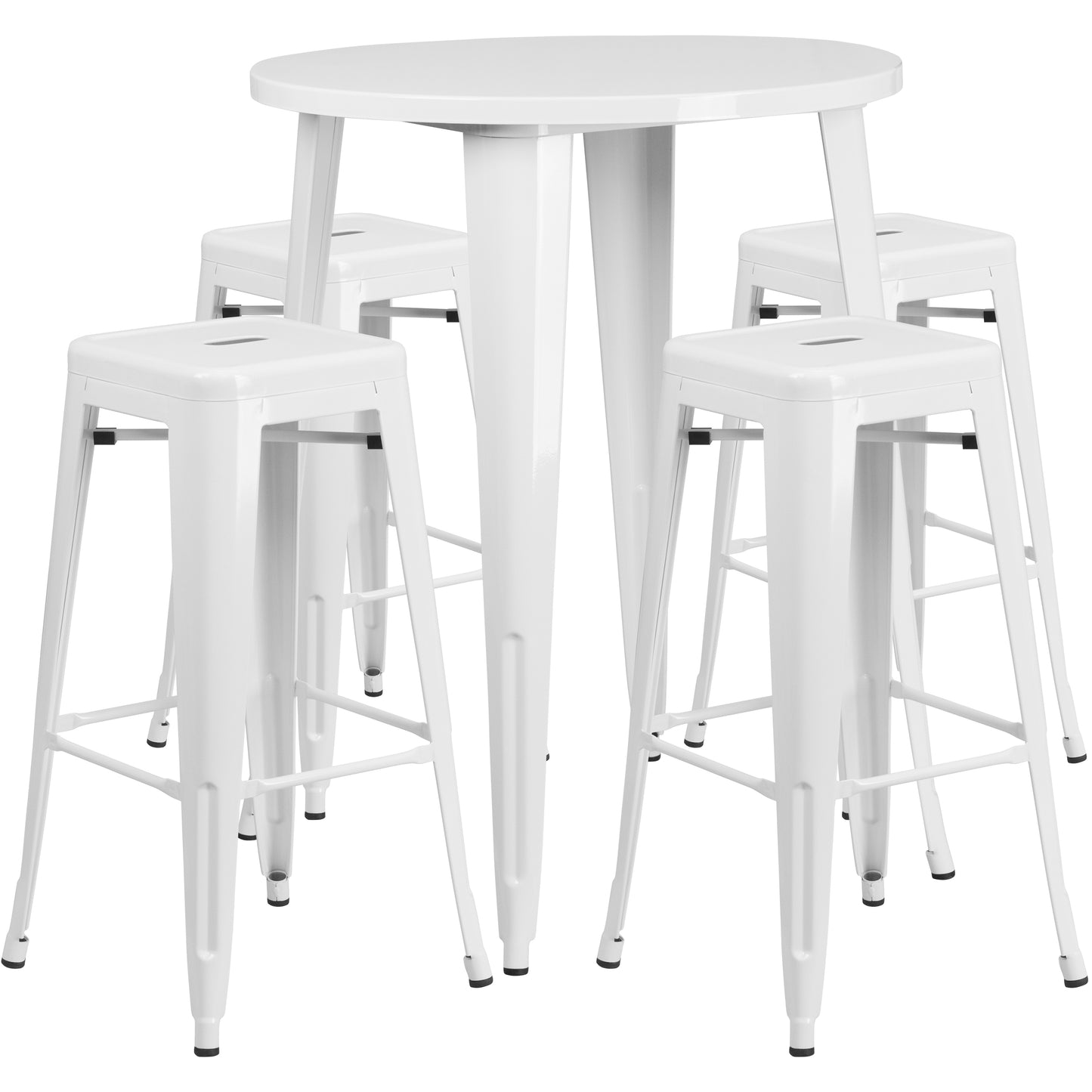 Coby Commercial Grade 30" Round White Metal Indoor-Outdoor Bar Table Set with 4 Square Seat Backless Stools White