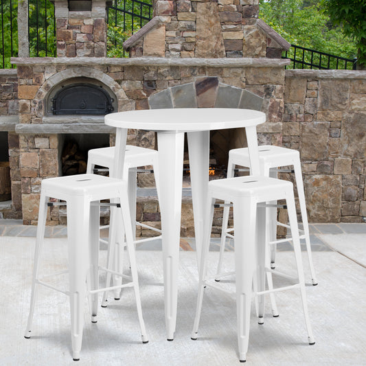 Coby Commercial Grade 30" Round White Metal Indoor-Outdoor Bar Table Set with 4 Square Seat Backless Stools White CH-51090BH-4-30SQST-WH-GG