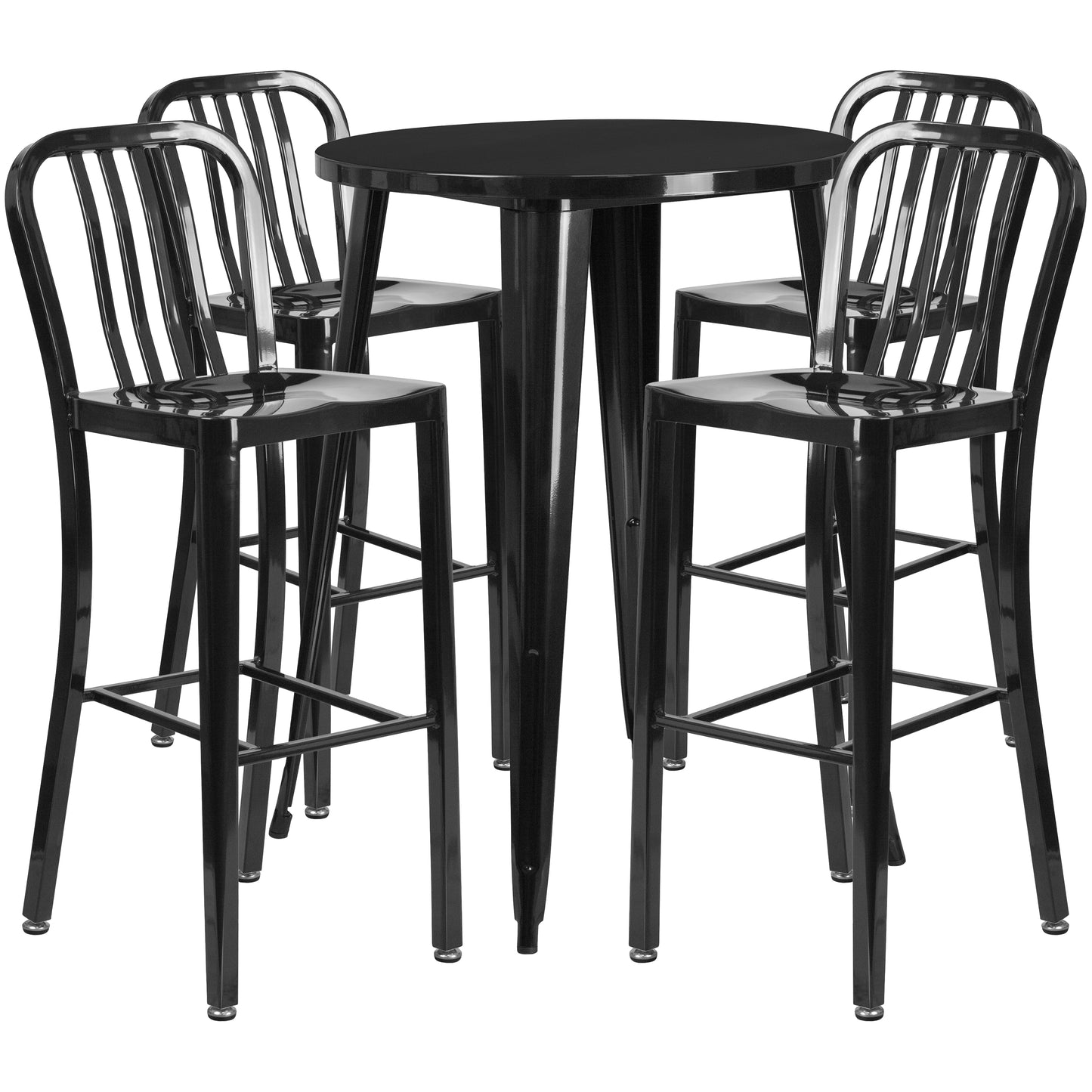 Tristan Commercial Grade 30" Round Black Metal Indoor-Outdoor Bar Table Set with 4 Vertical Slat Back Stools Black