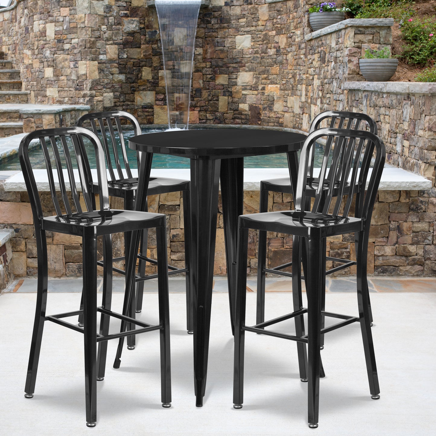 Tristan Commercial Grade 30" Round Black Metal Indoor-Outdoor Bar Table Set with 4 Vertical Slat Back Stools Black