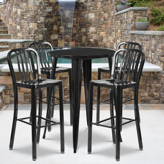 Tristan Commercial Grade 30" Round Black Metal Indoor-Outdoor Bar Table Set with 4 Vertical Slat Back Stools Black CH-51090BH-4-30VRT-BK-GG