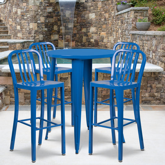 Tristan Commercial Grade 30" Round Blue Metal Indoor-Outdoor Bar Table Set with 4 Vertical Slat Back Stools Blue CH-51090BH-4-30VRT-BL-GG
