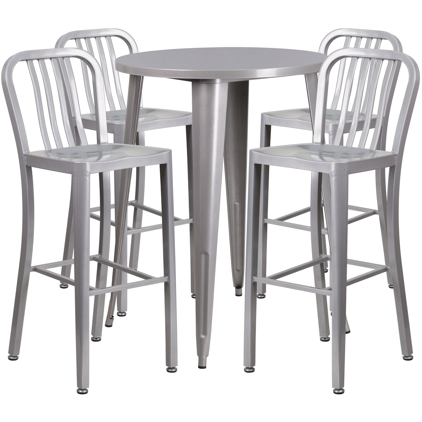 Tristan Commercial Grade 30" Round Silver Metal Indoor-Outdoor Bar Table Set with 4 Vertical Slat Back Stools Silver