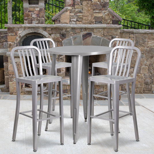 Tristan Commercial Grade 30" Round Silver Metal Indoor-Outdoor Bar Table Set with 4 Vertical Slat Back Stools Silver CH-51090BH-4-30VRT-SIL-GG