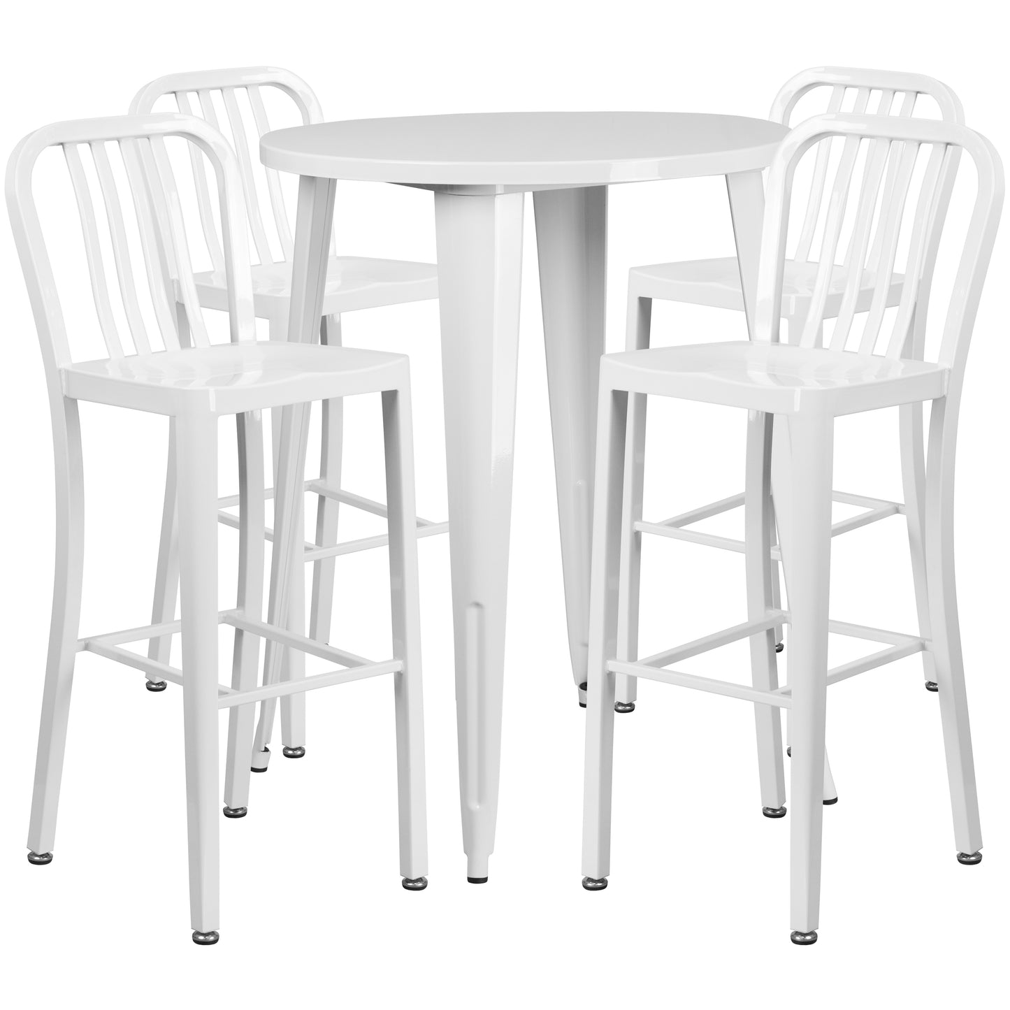 Tristan Commercial Grade 30" Round White Metal Indoor-Outdoor Bar Table Set with 4 Vertical Slat Back Stools White