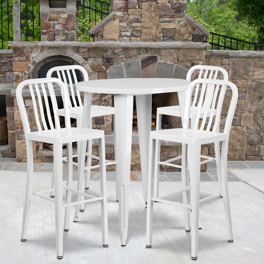 Tristan Commercial Grade 30" Round White Metal Indoor-Outdoor Bar Table Set with 4 Vertical Slat Back Stools White CH-51090BH-4-30VRT-WH-GG