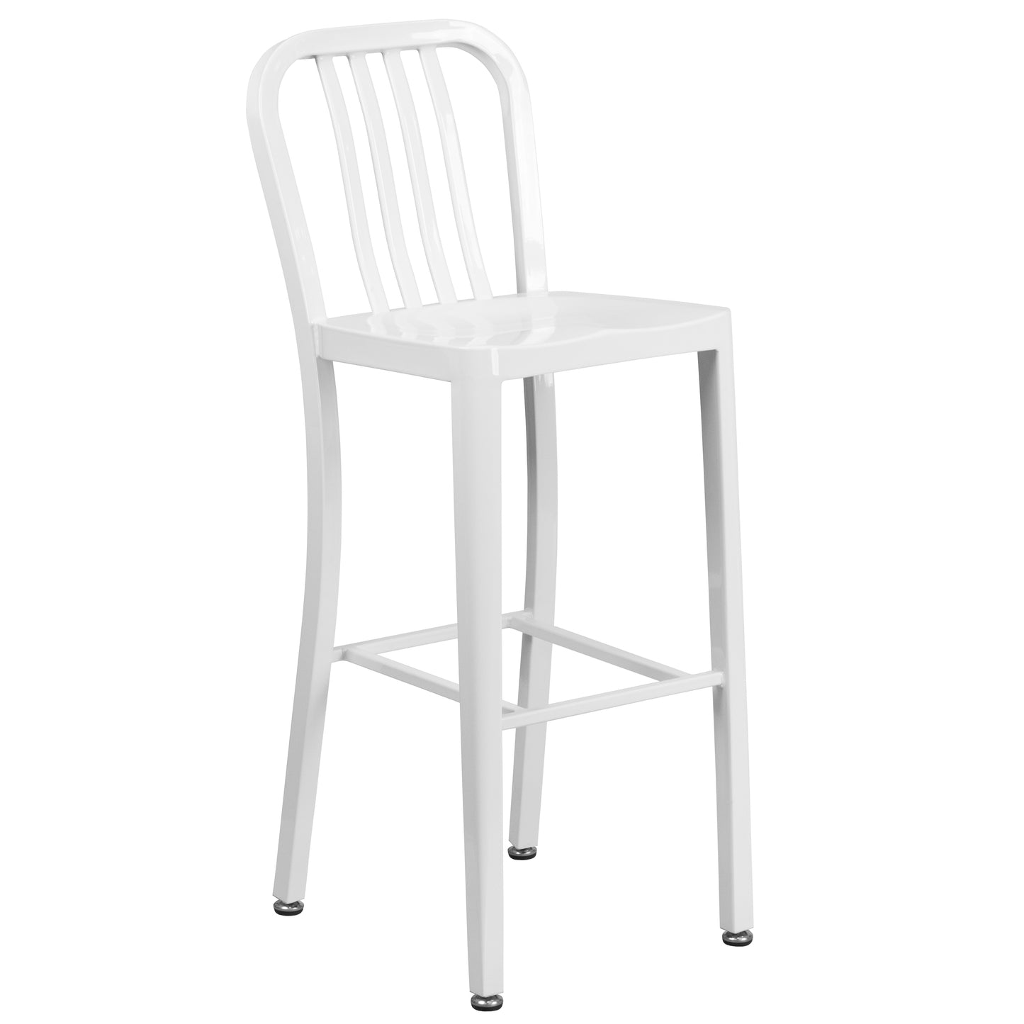 Tristan Commercial Grade 30" Round White Metal Indoor-Outdoor Bar Table Set with 4 Vertical Slat Back Stools White