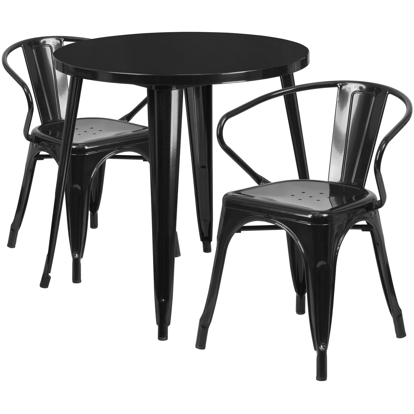 Conrad Commercial Grade 30" Round Black Metal Indoor-Outdoor Table Set with 2 Arm Chairs Black