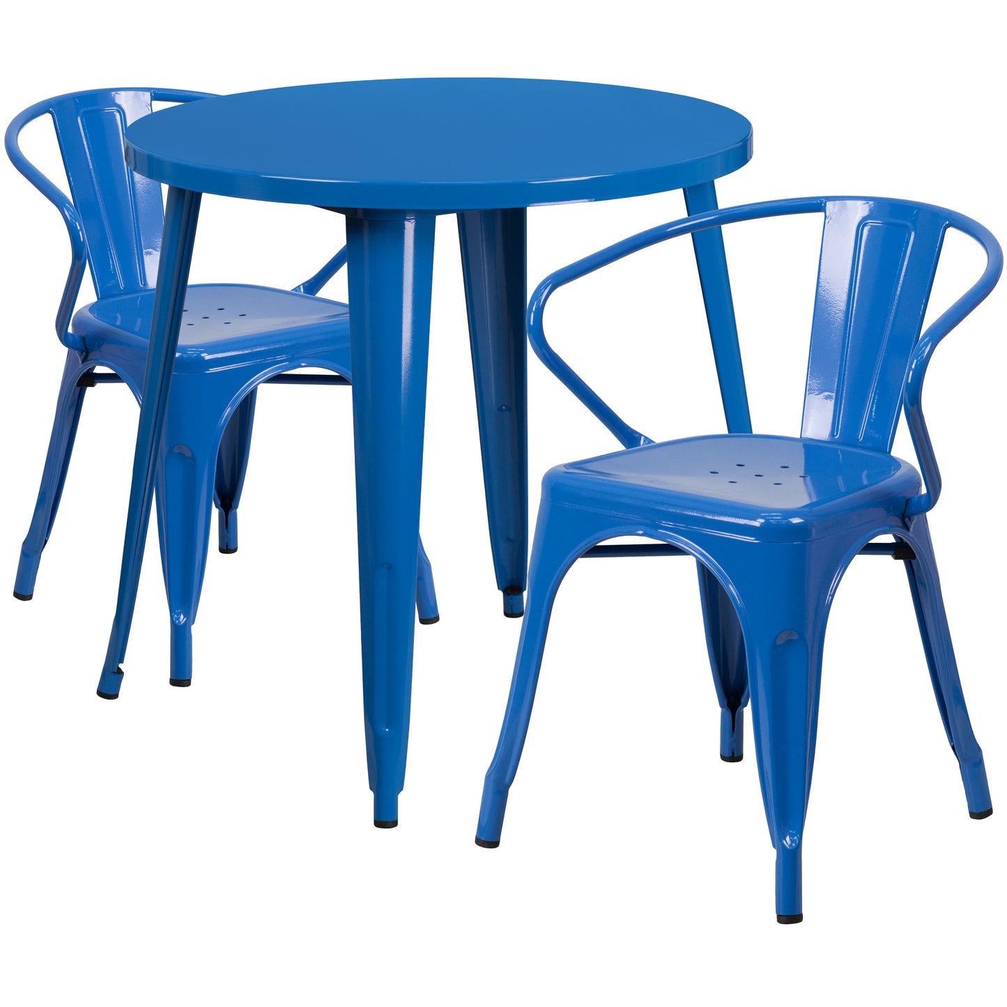 Conrad Commercial Grade 30" Round Blue Metal Indoor-Outdoor Table Set with 2 Arm Chairs Blue