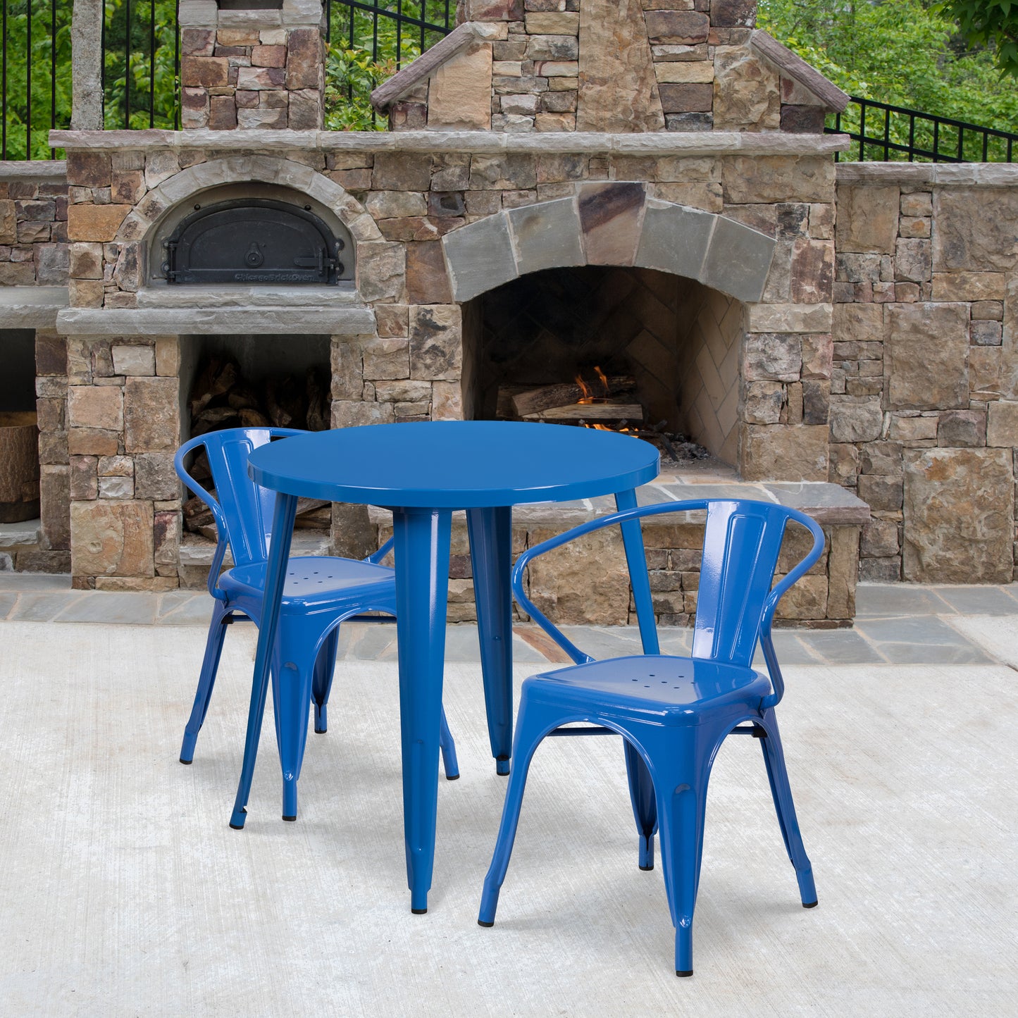 Conrad Commercial Grade 30" Round Blue Metal Indoor-Outdoor Table Set with 2 Arm Chairs Blue