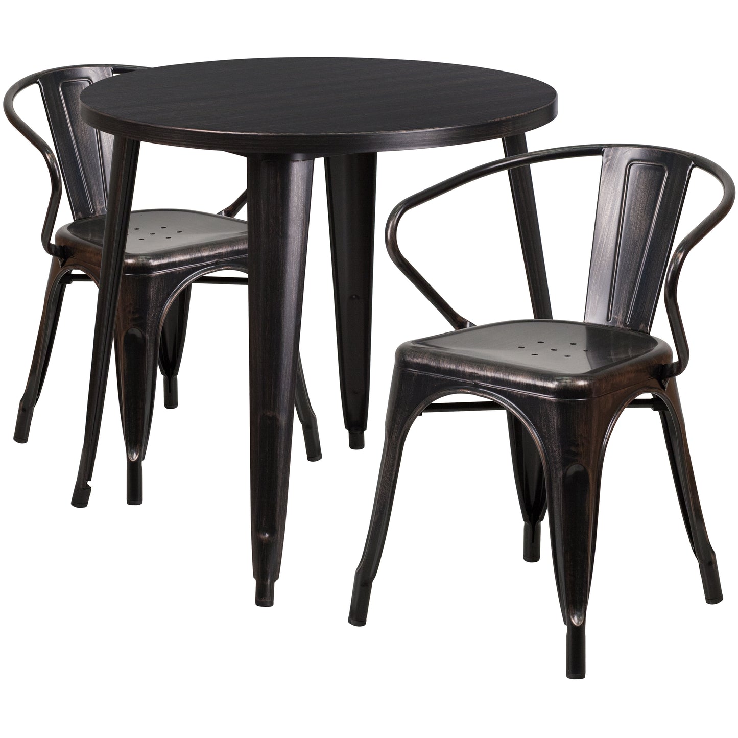 Conrad  Commercial Grade 30" Round Black-Antique Gold Metal Indoor-Outdoor Table Set with 2 Arm Chairs Black-Antique Gold CH-51090TH-2-18ARM-BQ-GG