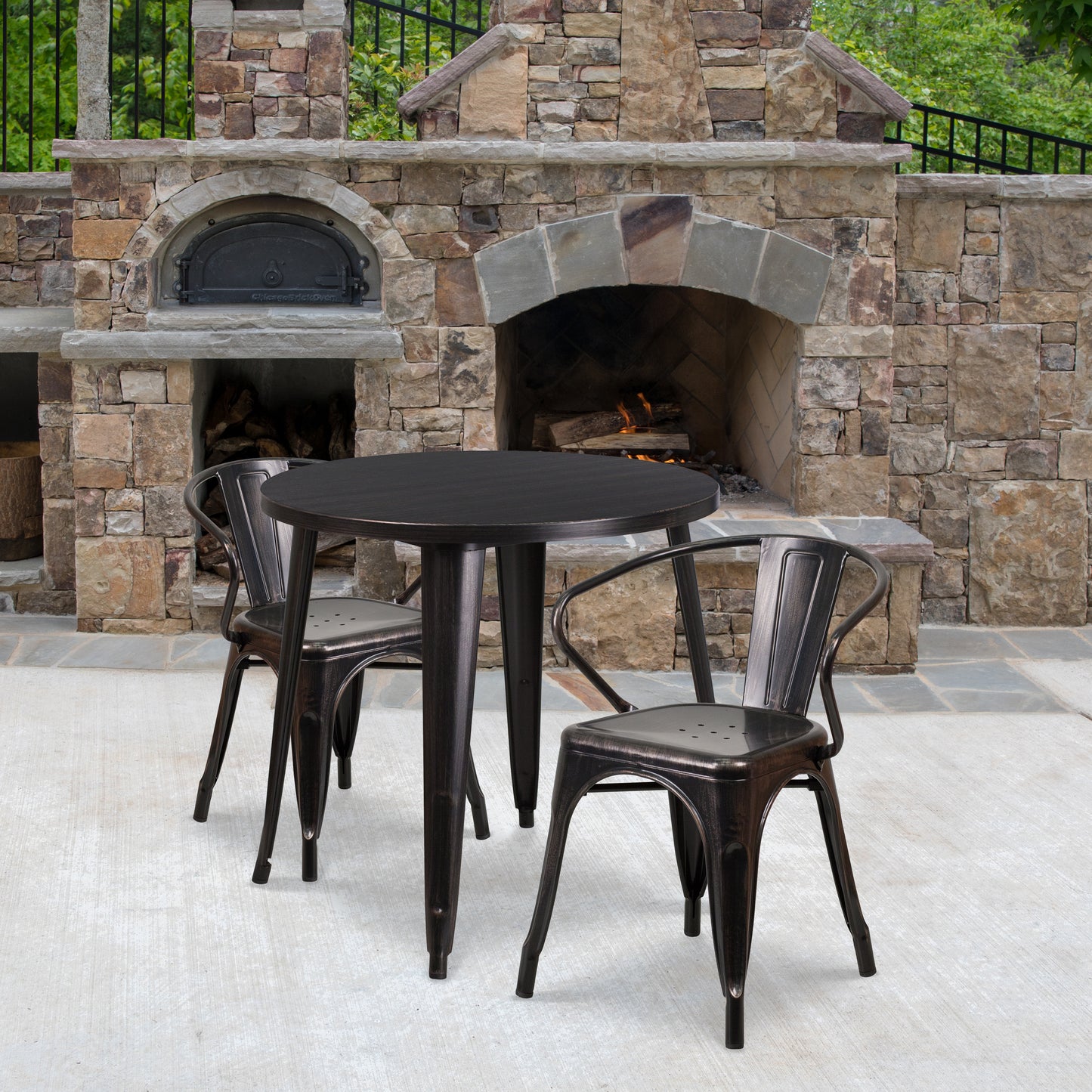 Conrad  Commercial Grade 30" Round Black-Antique Gold Metal Indoor-Outdoor Table Set with 2 Arm Chairs Black-Antique Gold CH-51090TH-2-18ARM-BQ-GG