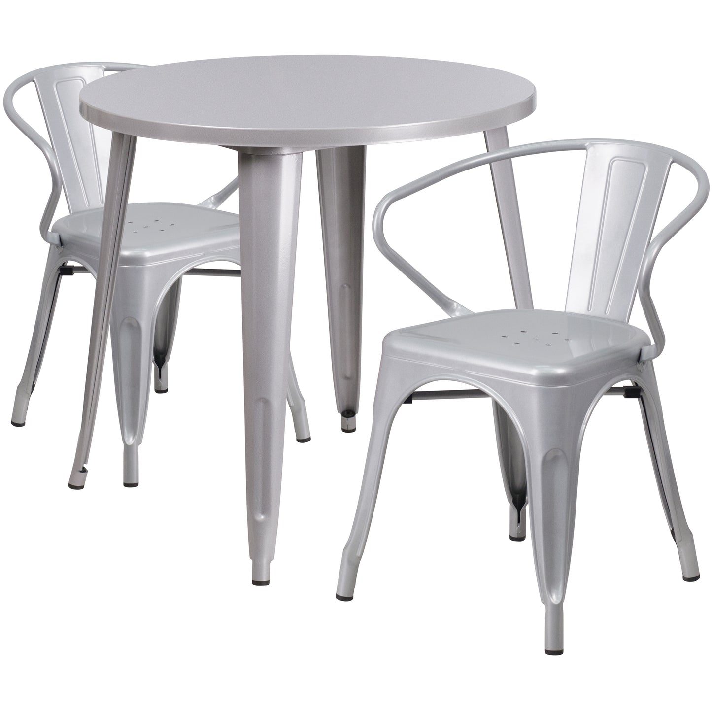 Conrad Commercial Grade 30" Round Silver Metal Indoor-Outdoor Table Set with 2 Arm Chairs Silver