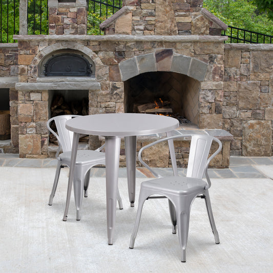 Conrad Commercial Grade 30" Round Silver Metal Indoor-Outdoor Table Set with 2 Arm Chairs Silver