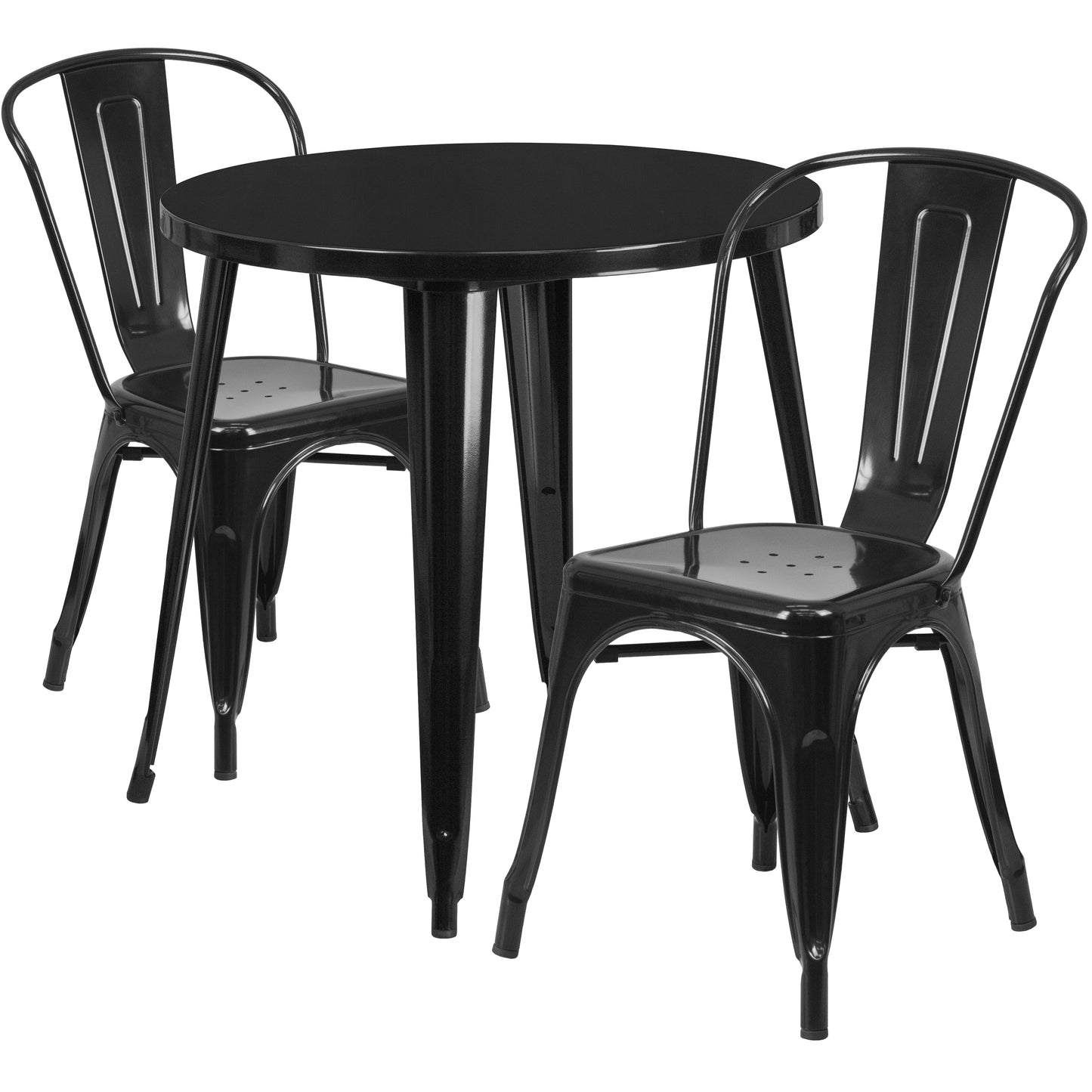 Baker Commercial Grade 30" Round Black Metal Indoor-Outdoor Table Set with 2 Cafe Chairs Black