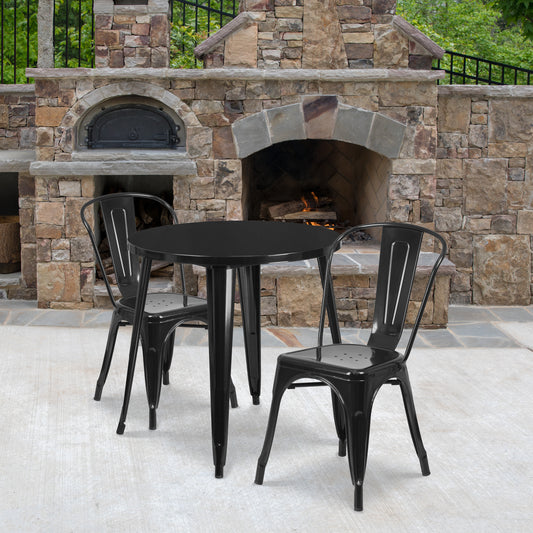 Baker Commercial Grade 30" Round Black Metal Indoor-Outdoor Table Set with 2 Cafe Chairs Black CH-51090TH-2-18CAFE-BK-GG