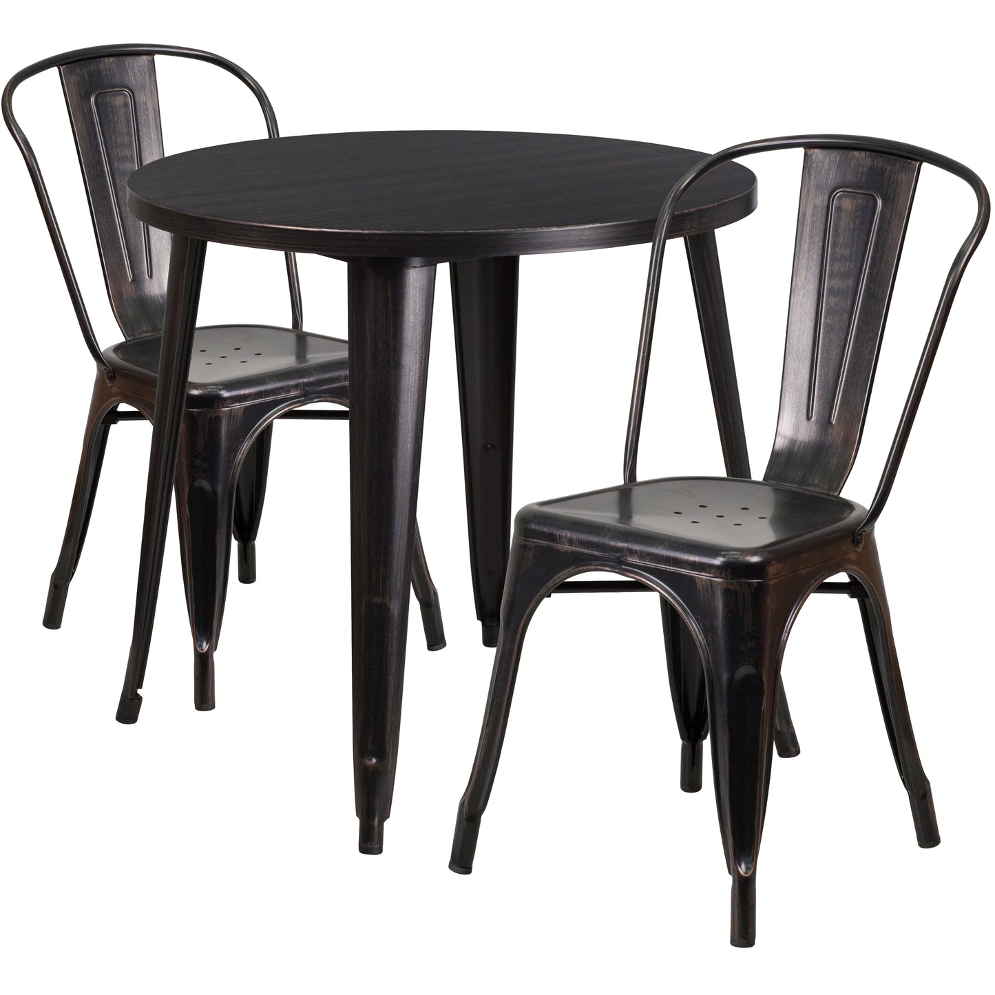 Baker Commercial Grade 30" Round Black-Antique Gold Metal Indoor-Outdoor Table Set with 2 Cafe Chairs Black-Antique Gold