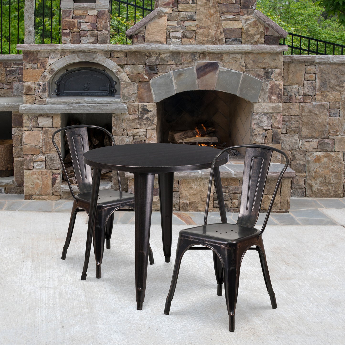 Baker Commercial Grade 30" Round Black-Antique Gold Metal Indoor-Outdoor Table Set with 2 Cafe Chairs Black-Antique Gold