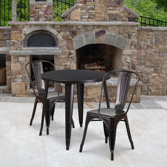 Baker Commercial Grade 30" Round Black-Antique Gold Metal Indoor-Outdoor Table Set with 2 Cafe Chairs Black-Antique Gold CH-51090TH-2-18CAFE-BQ-GG
