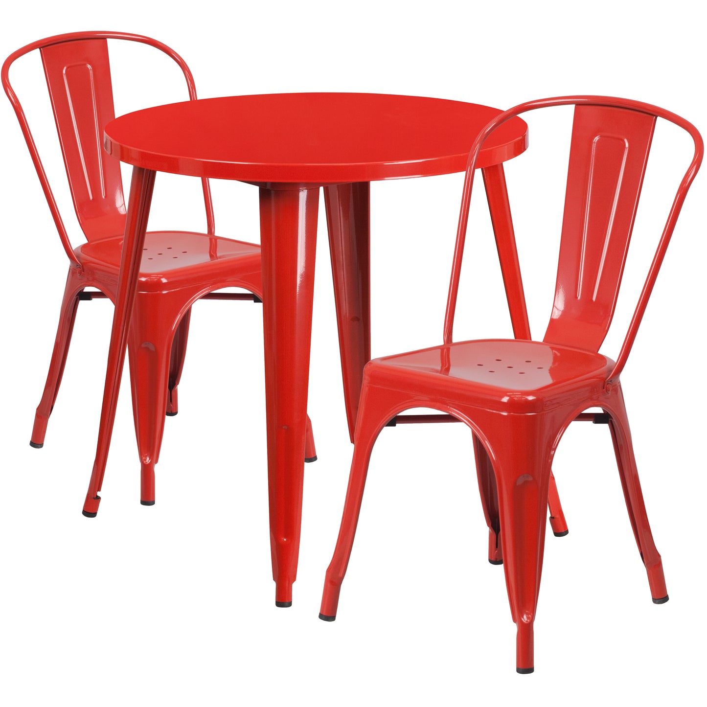Baker Commercial Grade 30" Round Red Metal Indoor-Outdoor Table Set with 2 Cafe Chairs Red CH-51090TH-2-18CAFE-RED-GG