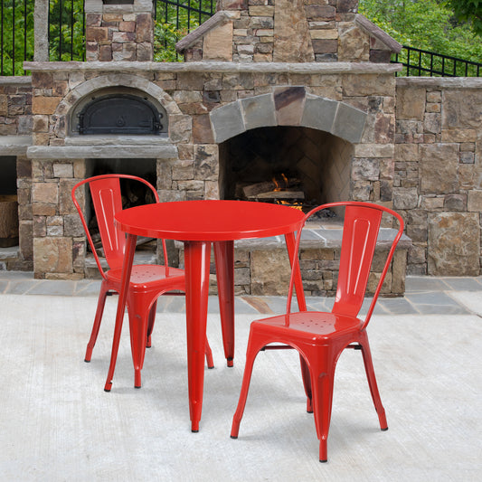Baker Commercial Grade 30" Round Red Metal Indoor-Outdoor Table Set with 2 Cafe Chairs Red CH-51090TH-2-18CAFE-RED-GG