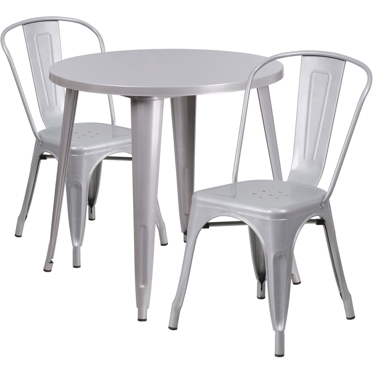 Baker Commercial Grade 30" Round Silver Metal Indoor-Outdoor Table Set with 2 Cafe Chairs Silver