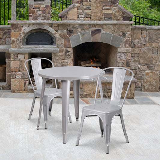 Baker Commercial Grade 30" Round Silver Metal Indoor-Outdoor Table Set with 2 Cafe Chairs Silver CH-51090TH-2-18CAFE-SIL-GG