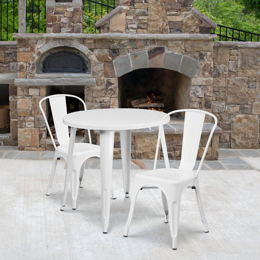 Baker Commercial Grade 30" Round White Metal Indoor-Outdoor Table Set with 2 Cafe Chairs White CH-51090TH-2-18CAFE-WH-GG