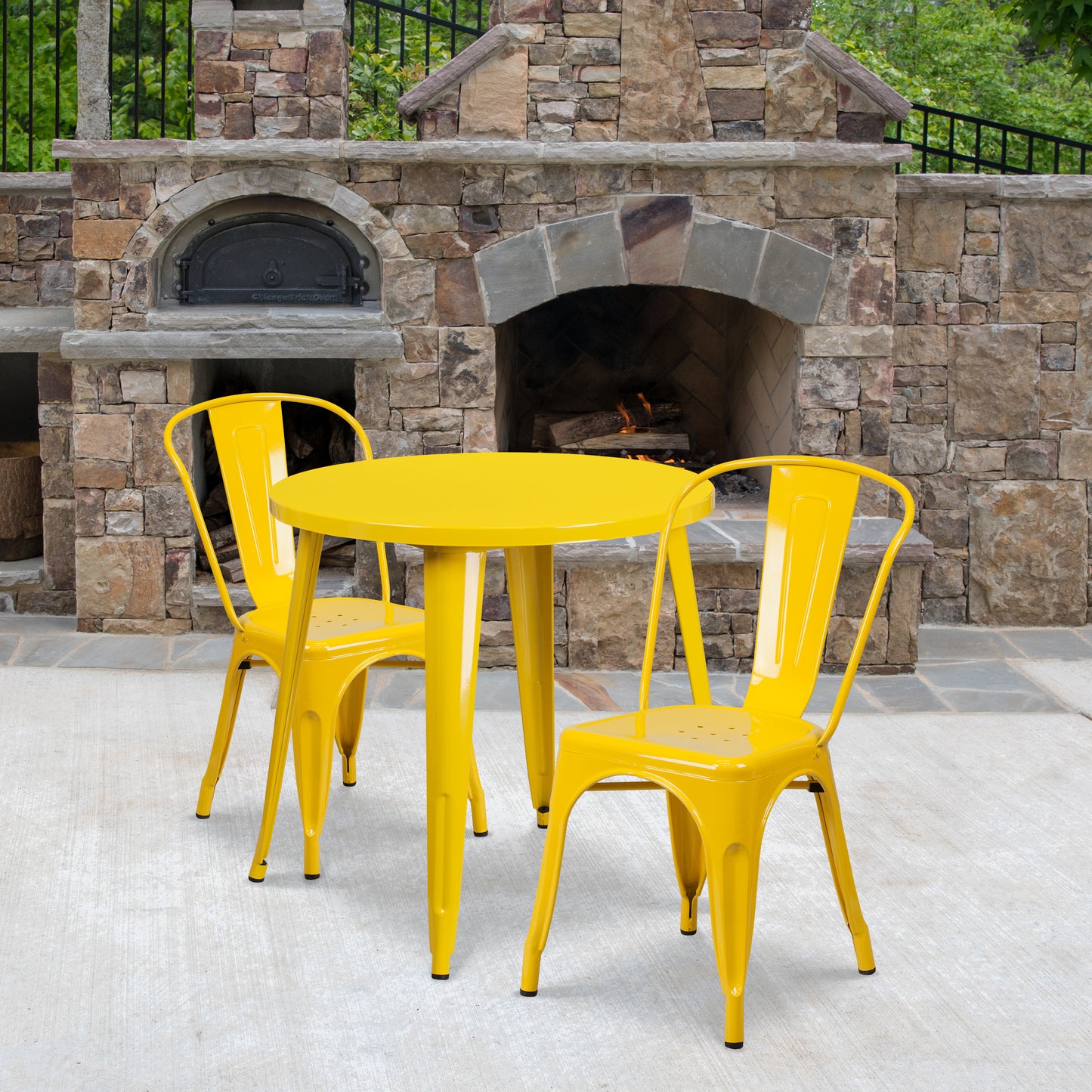 Baker Commercial Grade 30" Round Yellow Metal Indoor-Outdoor Table Set with 2 Cafe Chairs Yellow CH-51090TH-2-18CAFE-YL-GG
