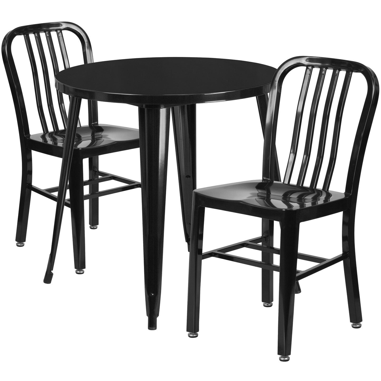 Craig Commercial Grade 30" Round Black Metal Indoor-Outdoor Table Set with 2 Vertical Slat Back Chairs Black