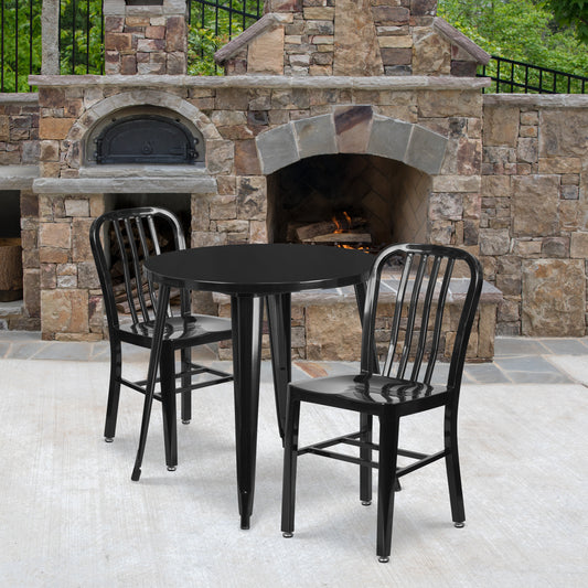 Craig Commercial Grade 30" Round Black Metal Indoor-Outdoor Table Set with 2 Vertical Slat Back Chairs Black