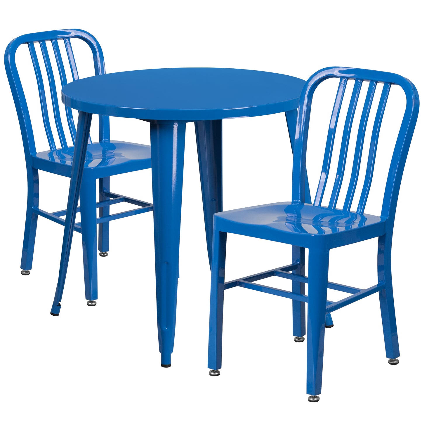 Craig Commercial Grade 30" Round Blue Metal Indoor-Outdoor Table Set with 2 Vertical Slat Back Chairs Blue