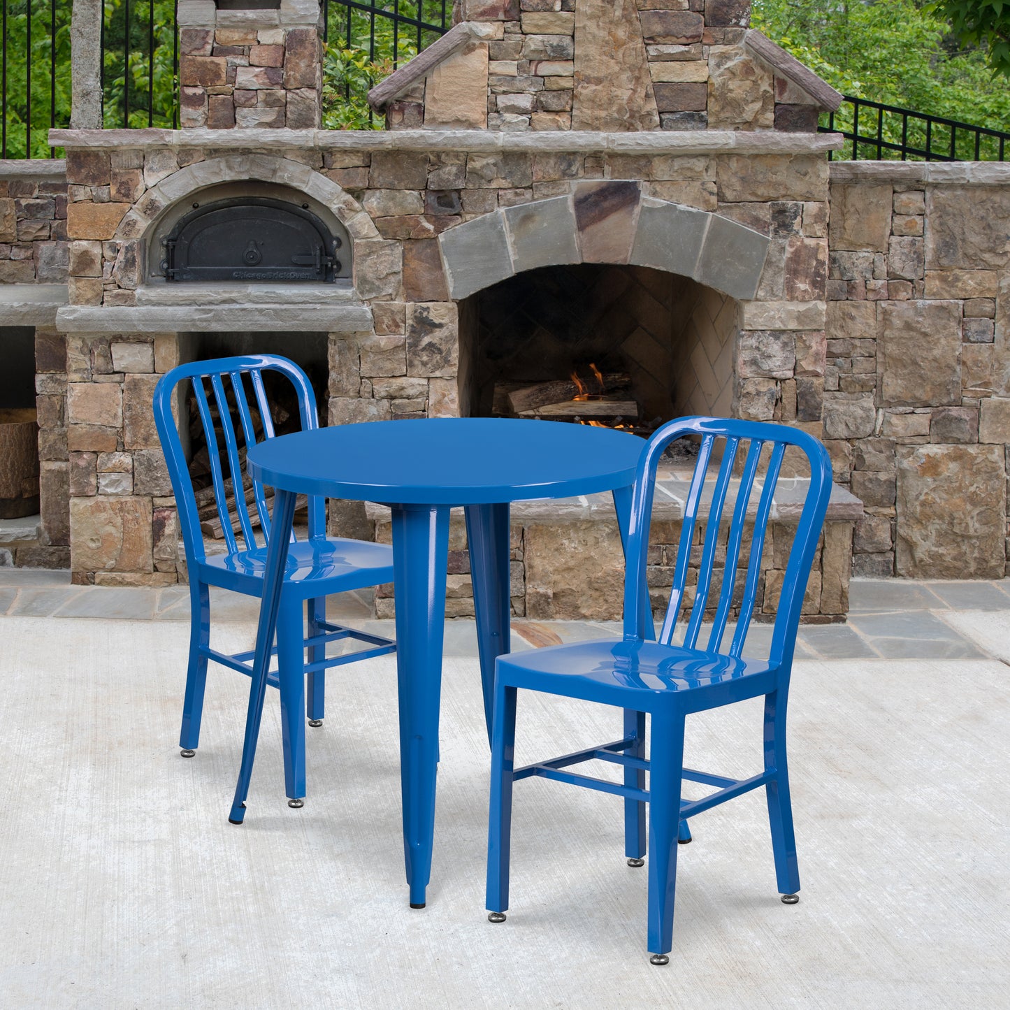 Craig Commercial Grade 30" Round Blue Metal Indoor-Outdoor Table Set with 2 Vertical Slat Back Chairs Blue