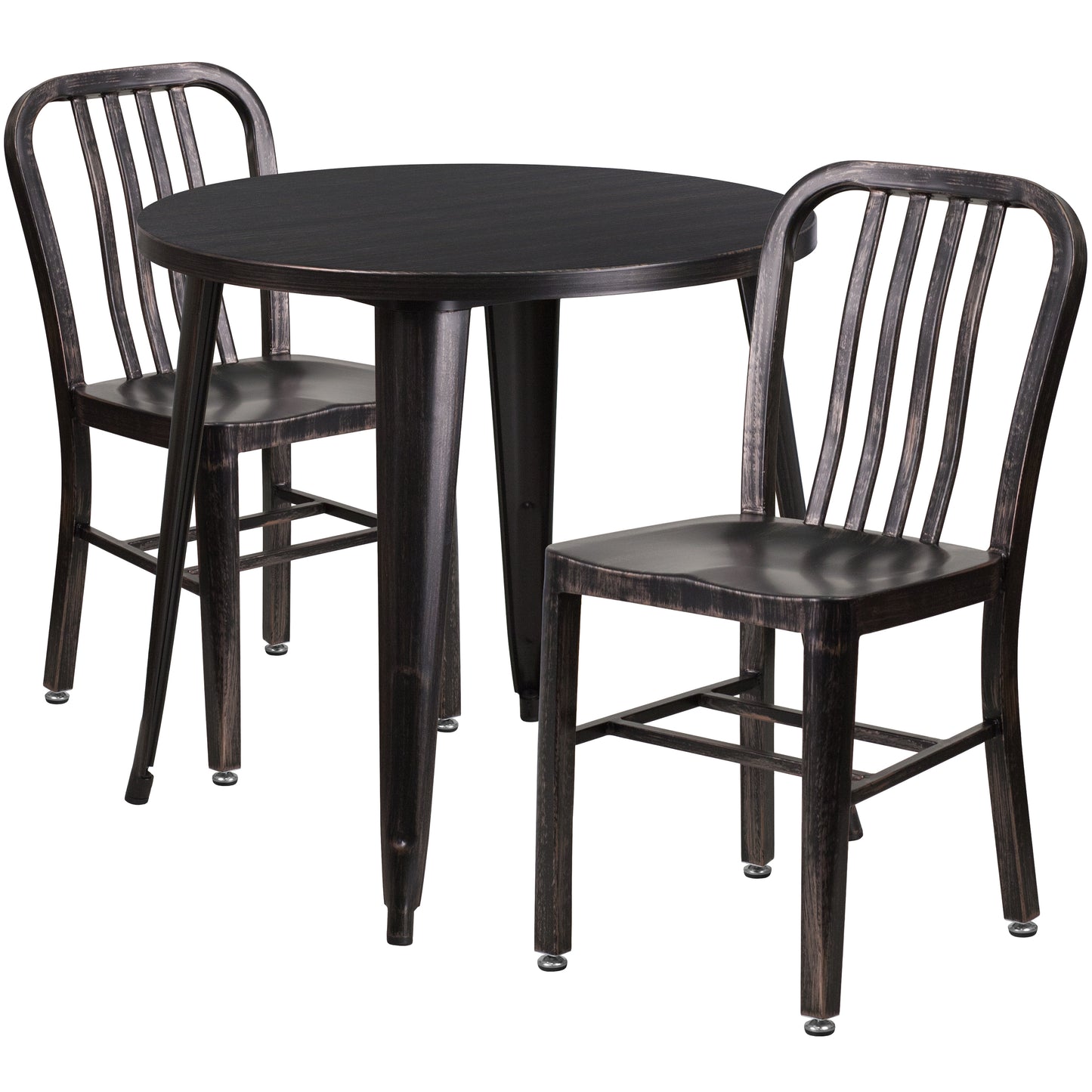 Craig Commercial Grade 30" Round Black-Antique Gold Metal Indoor-Outdoor Table Set with 2 Vertical Slat Back Chairs Black-Antique Gold