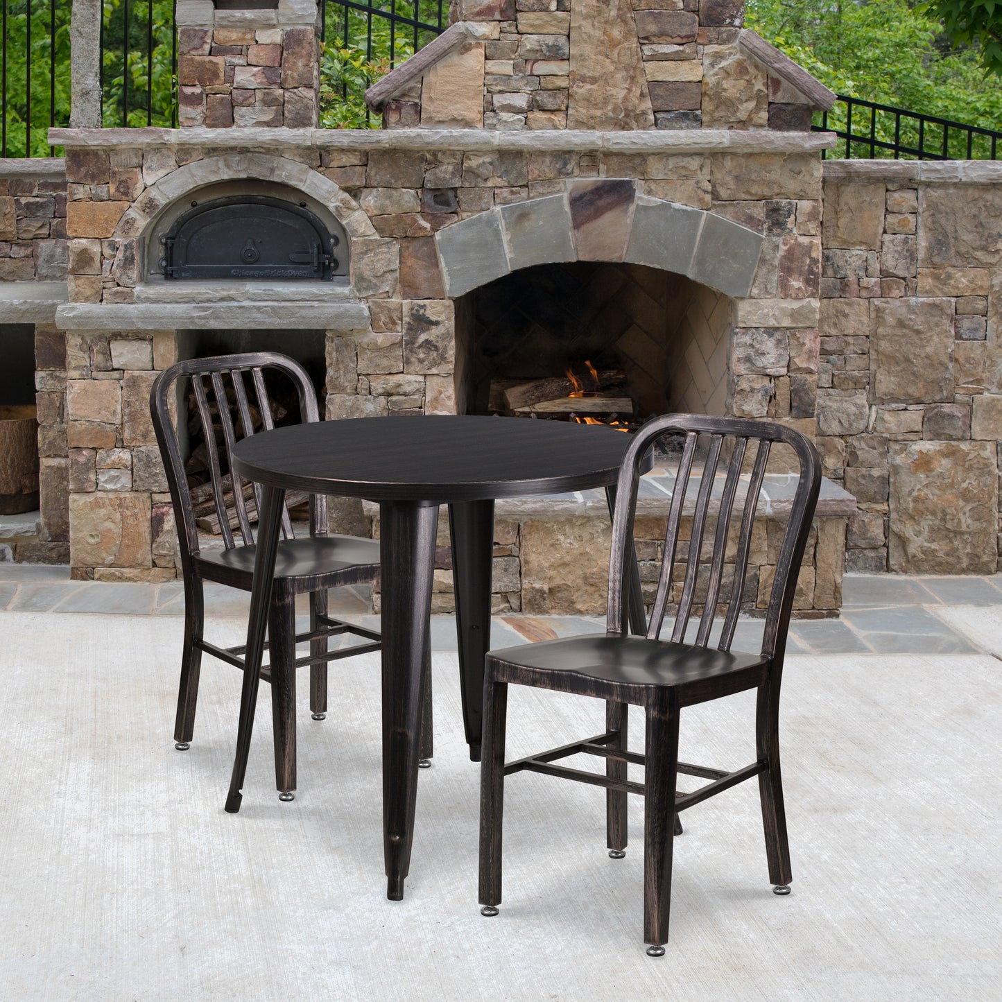 Craig Commercial Grade 30" Round Black-Antique Gold Metal Indoor-Outdoor Table Set with 2 Vertical Slat Back Chairs Black-Antique Gold