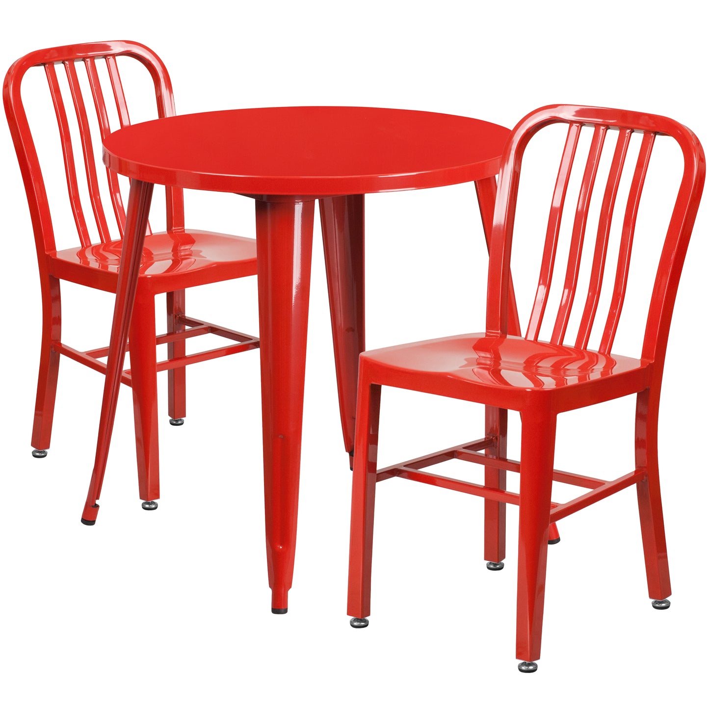 Craig Commercial Grade 30" Round Red Metal Indoor-Outdoor Table Set with 2 Vertical Slat Back Chairs Red CH-51090TH-2-18VRT-RED-GG