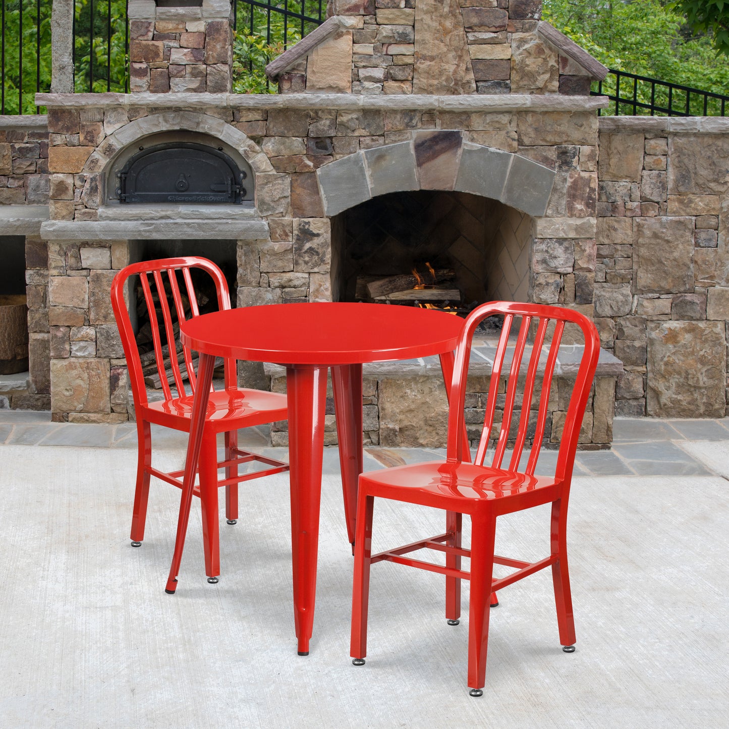 Craig Commercial Grade 30" Round Red Metal Indoor-Outdoor Table Set with 2 Vertical Slat Back Chairs Red CH-51090TH-2-18VRT-RED-GG