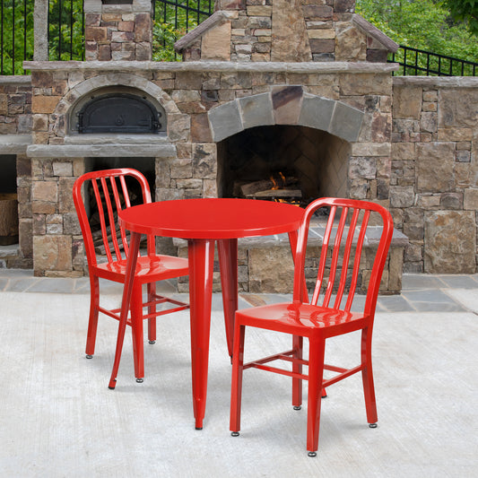 Craig Commercial Grade 30" Round Red Metal Indoor-Outdoor Table Set with 2 Vertical Slat Back Chairs Red