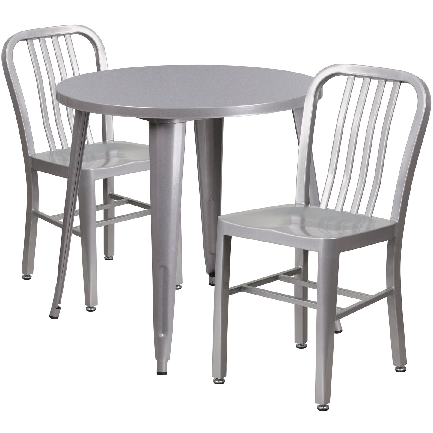 Craig Commercial Grade 30" Round Silver Metal Indoor-Outdoor Table Set with 2 Vertical Slat Back Chairs Silver