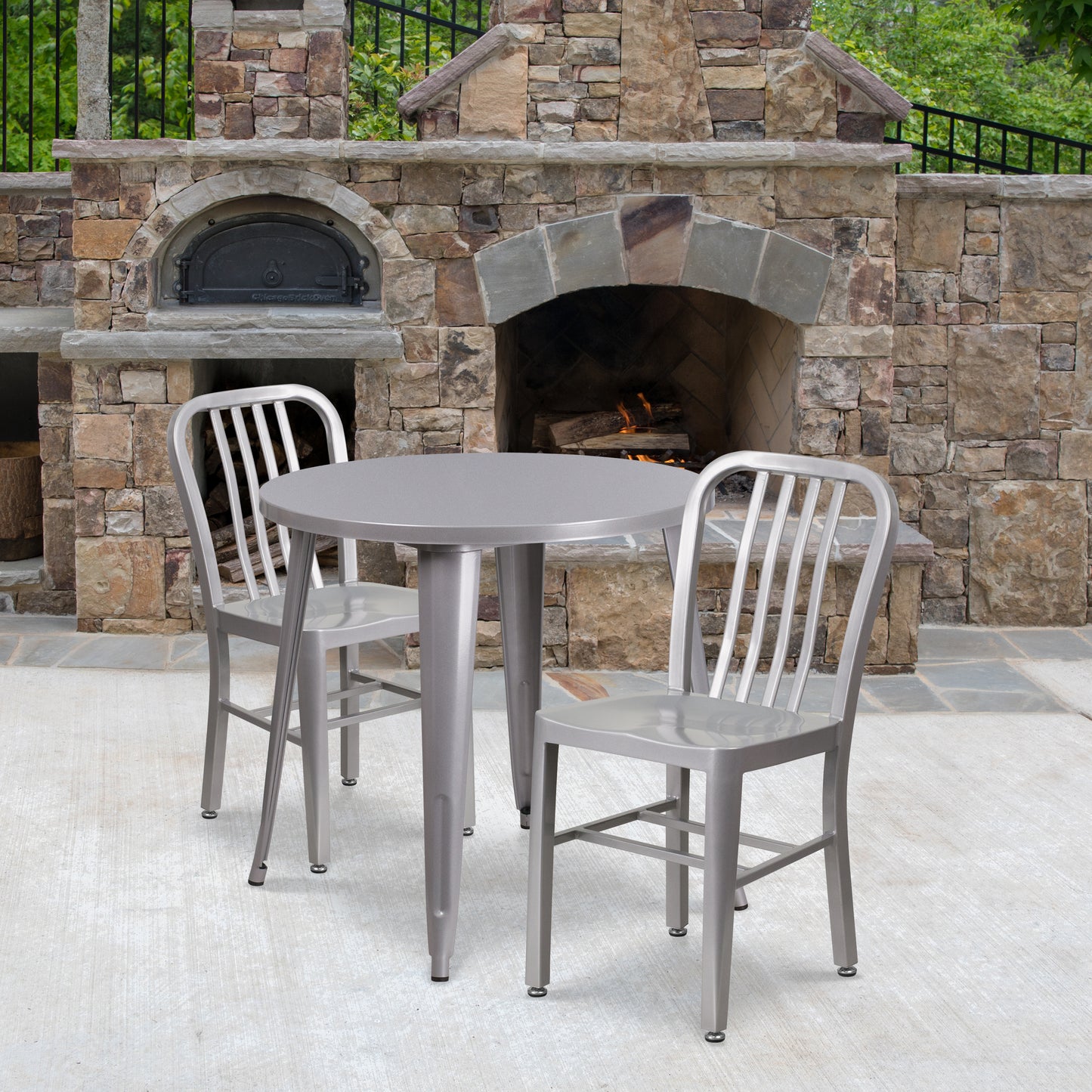Craig Commercial Grade 30" Round Silver Metal Indoor-Outdoor Table Set with 2 Vertical Slat Back Chairs Silver