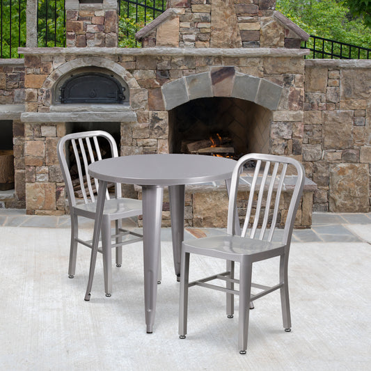 Craig Commercial Grade 30" Round Silver Metal Indoor-Outdoor Table Set with 2 Vertical Slat Back Chairs Silver